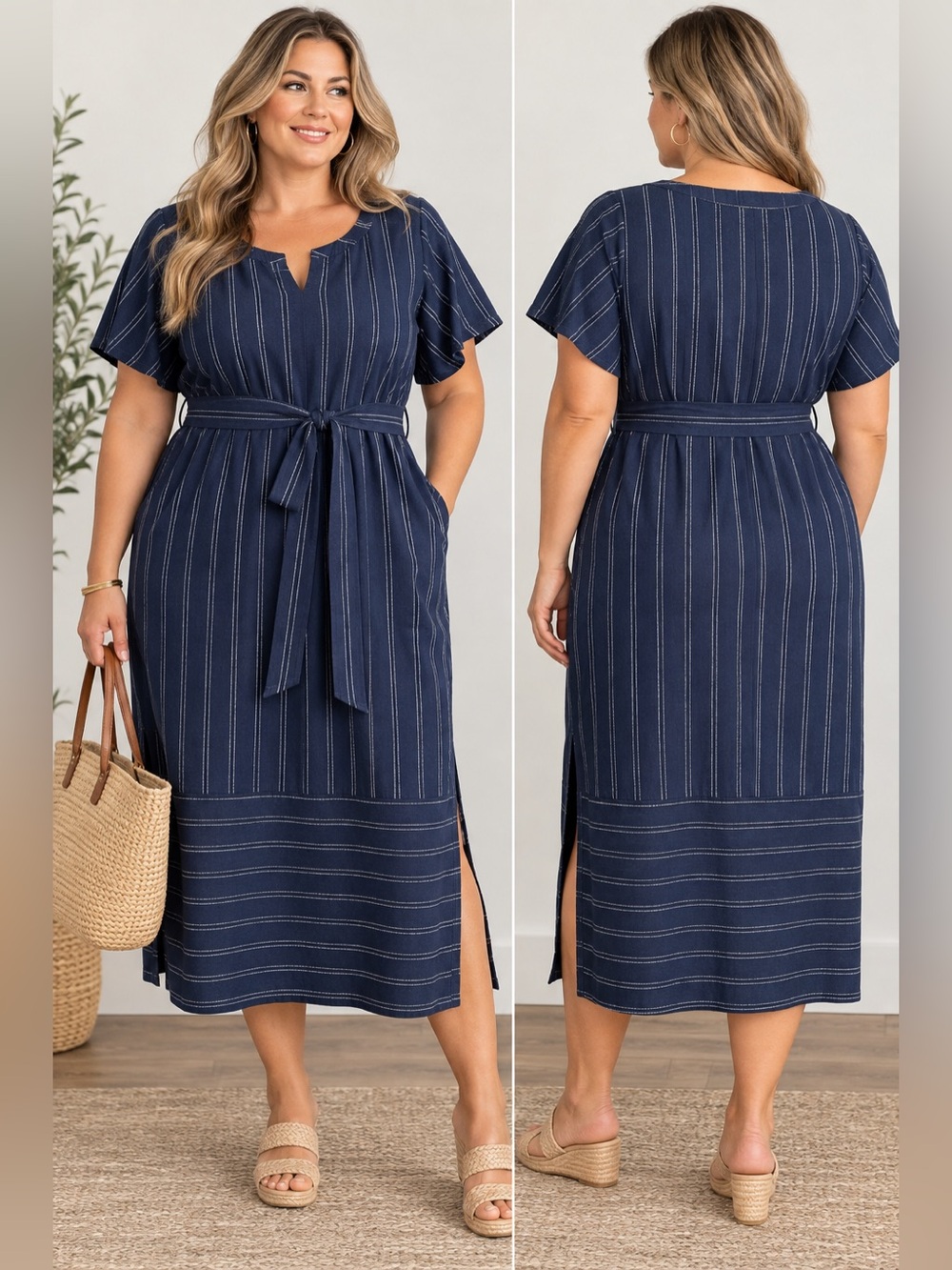 Lane Bryant Plus Size Navy Striped Cotton Linen Short Sleeve Midi Dress Size 24